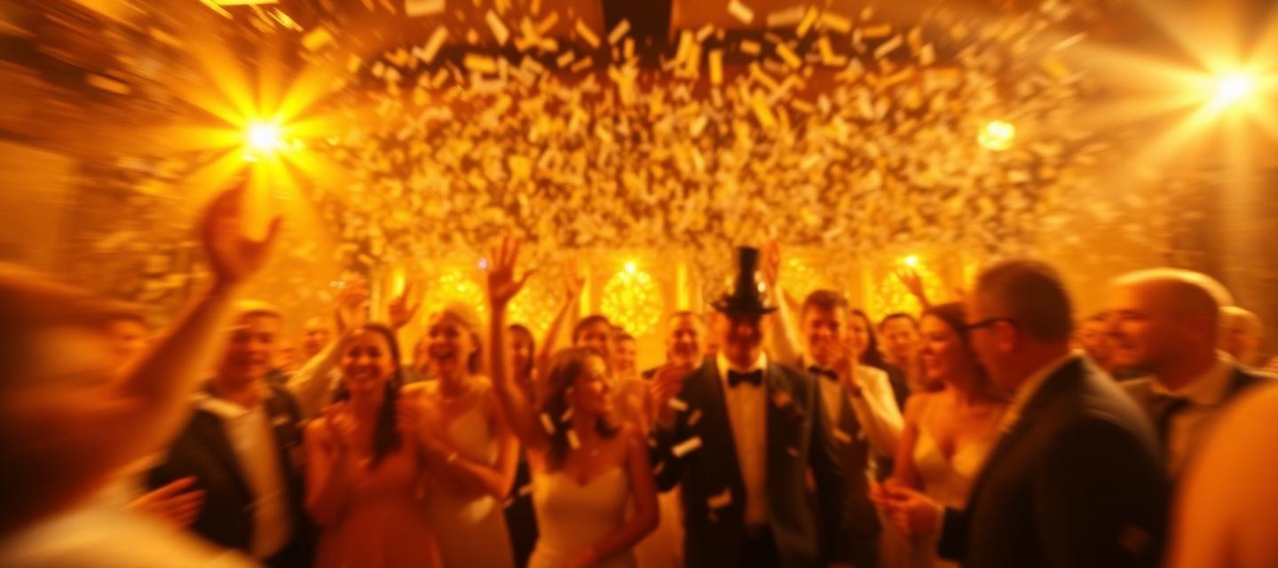 A blurred, golden-lit wedding reception with confetti falling over a cheering crowd
